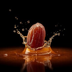Fresh date fruit dropping into water splash isolated on black background for Ramadan Iftar concept