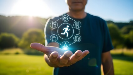 Man in a green field with a running icon and various symbols projected above his outstretched hand, with a sunny natural background.