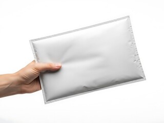 A hand holding a silver envelope against a white background viewed from the side