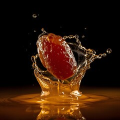 Fresh date fruit dropping into water splash isolated on black background for Ramadan Iftar concept