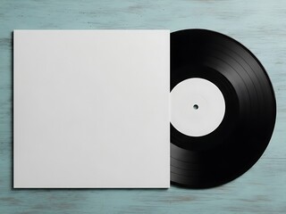 Vinyl record placed beside its white sleeve on a wooden surface