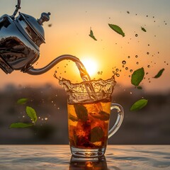 Hot herbal tea pouring from teapot into glass cup with liquid splash and flying leaves at sunset