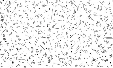 A collection of  hand drawn bathroom accessories, valentine's day themed of cupid and arrows, illustration of various flowers , stem with leaves , a dense arrangements of black  musical notes 