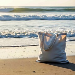 Casual Beach Tote Bag on Sandy Shore with Rolling Ocean Waves Summer Vacation Photography