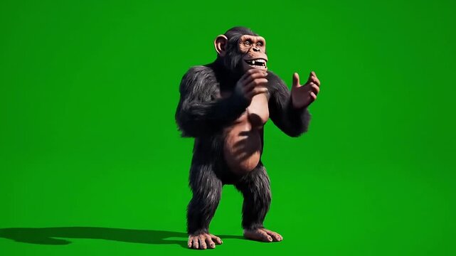 Aggressive chimpanzee standing in powerful stance on green background
