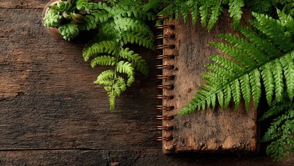 Ferns & book on rustic wood. Vintage, earthy aesthetic