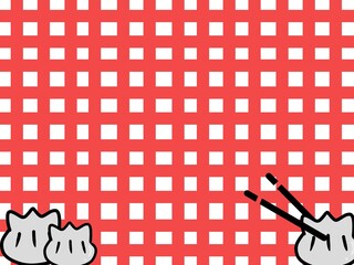 Obraz premium Dimsum illustration with black chopsticks on gingham background, perfect for a Japanese restaurant menu, banner or poster. White dumpling lifted by black chopsticks against checkered background