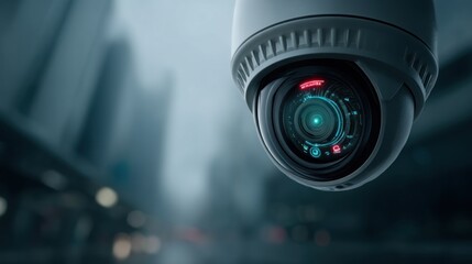 A close-up of a modern security camera against a blurry cityscape backdrop, highlighting its advanced technology and surveillance capabilities.