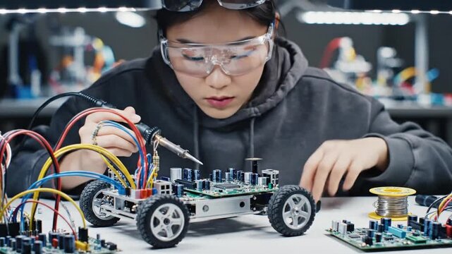 A young person works with wires and electronic components on a small car in a workshop