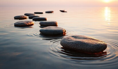 Stepping stones lead into the sea at sunset, water ripples around each stone