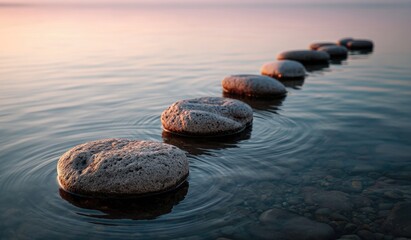 Stepping stones lead across shallow water at sunset, creating ripples