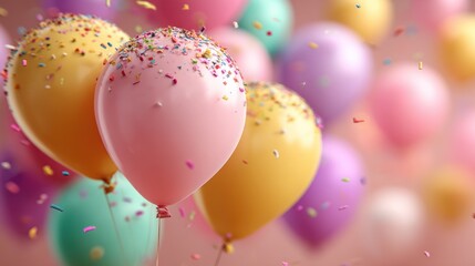 A joyful celebration is depicted with colorful balloons and sprinkles, filled with a lighthearted and fun atmosphere.