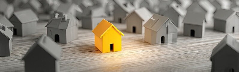 Yellow model house stands out amongst grayscale houses