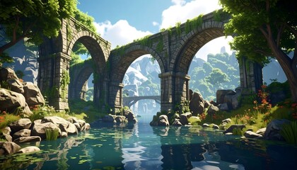 Ancient Stone Bridge Over Tranquil River in Lush Landscape.