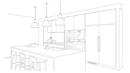 Fototapeta premium Modern kitchen interior design concept sketch showing spacious island and integrated appliances for contemporary homes