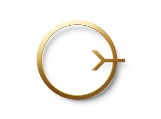 Golden circular symbol with arrow protruding on white background casting shadow