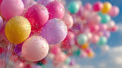A vibrant display of colorful balloons in the air, filled with confetti, creating a joyful and celebratory atmosphere.