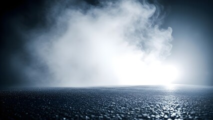 Mysterious smoke rising from dark reflective surface with bright light shining through creating an eerie atmosphere and dramatic effect.