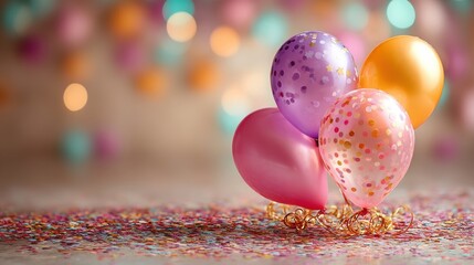 Three colorful, patterned balloons in shades of pink, purple, and orange sit on a bed of confetti, creating a celebratory atmosphere.