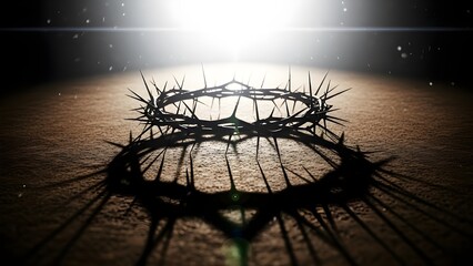 Crown of thorns lying on a reflective surface illuminated by a bright light symbolizing sacrifice and suffering in a Christian context with dramatic shadows and a sense of reverence and solemnity.