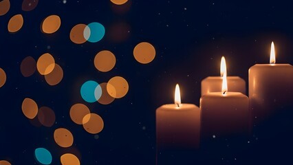 Three lit candles in darkness with bokeh lights shining in various colors creating a peaceful serene atmosphere for relaxation and meditation.