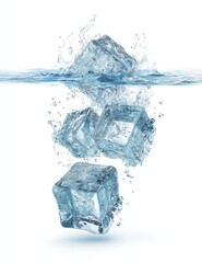 Ice cubes splash, sinking in clear water