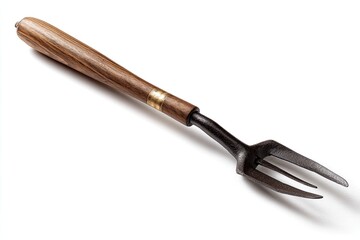 Fork-like tool, wood handle, metal tines on white background