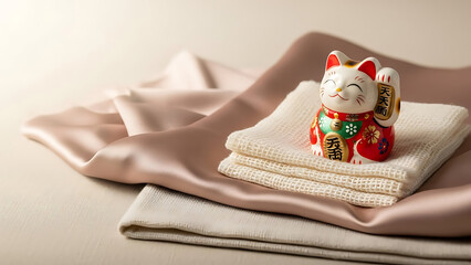 A colorful Maneki-Neko figurine sitting on folded towels and silk fabric