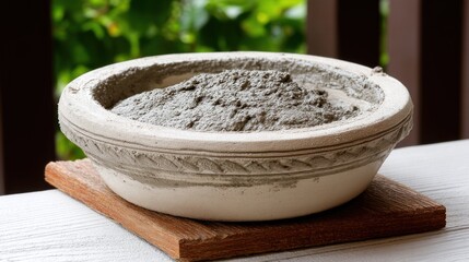 Gray cement powder fills a decorative white ceramic bowl on a wooden surface.