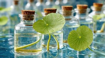 Small glass bottles filled with clear liquid, showcasing vibrant green leaves and delicate stems, resting on a surface of rippling water.