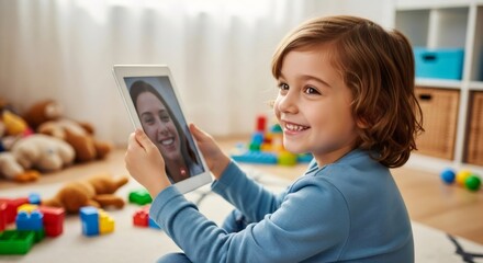 Child communicating with a woman on a tablet. Kid video calling online. Childhood, education, technology. Family connection on internet.