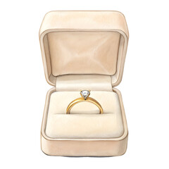 Watercolor Gold Diamond Ring in Cream Box isolated on a transparent background