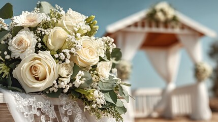 A beautiful bouquet of cream-colored roses and other blossoms adorns a delicate lace-covered surface, with a soft-focus white gazebo in the background.