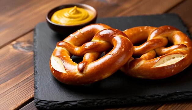 Savory baked pretzels with mustard dip, traditional german snack with dipping sauce closeup, pretzel, dip.
