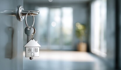 Key in door, small house keychain, blurred room background, soft light