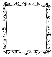 Ornate square frame with swirls and dots, black lines, on white backdrop
