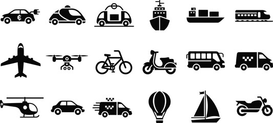 Future mobility and green energy transportation icons including electric cars, drones, high-speed trains, and submarines