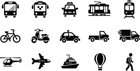 Comprehensive set of transportation vehicle silhouettes for urban mobility, logistics, and travel planning design