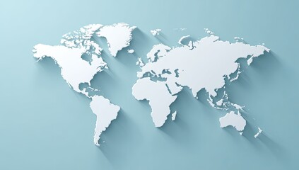 White world map casting soft shadow on a light blue background, top-down view