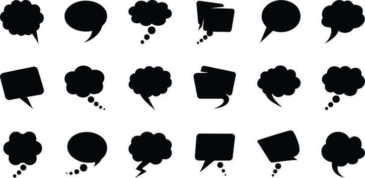 Collection of simple black speech and thought bubbles in square, round, and cloud shapes for web and app design