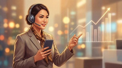 Professional woman analyzing business growth trends on digital interface in modern office environment