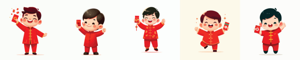 vector of a happy little boy stand holding a Chinese New Year red envelope © My_Vector