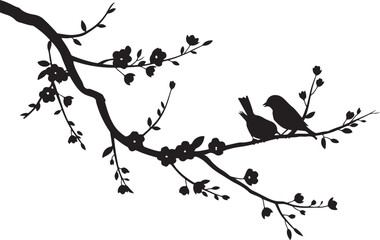 Naklejka premium Two black birds sitting on a flowering branch