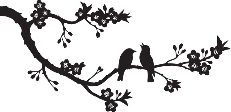 Two black birds sitting on a flowering branch flowers