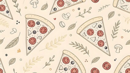 A charming hand-drawn seamless pattern features delectable pizza slices with pepperoni and olives surrounded by scattered mushrooms herbs and tomato slices on a light background.