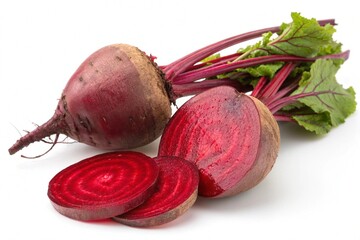 A piece of red beets with a green leaf on top