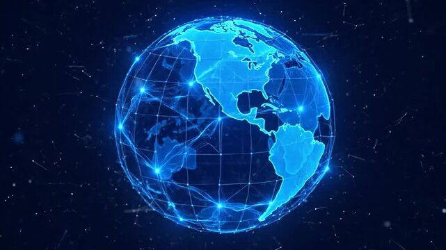 Digital Earth Globe Showing Global Network Connections and Data Transfer.