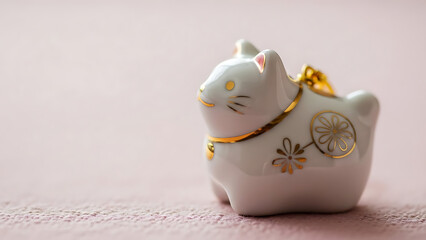 A small white cat figurine with gold accents on a pink surface