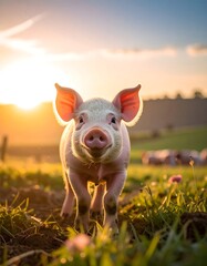 A close-up of a smiling piglet, front-facing, basking in golden sunlight. The happy animal stands in a field of grass and dirt