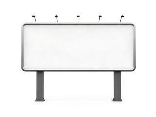 Obraz premium A large blank billboard with four spotlights standing on two pillars against a white background viewed from the front